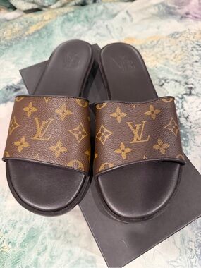 Louis Vuitton Monogram Slide Sandals in Brown & Gold